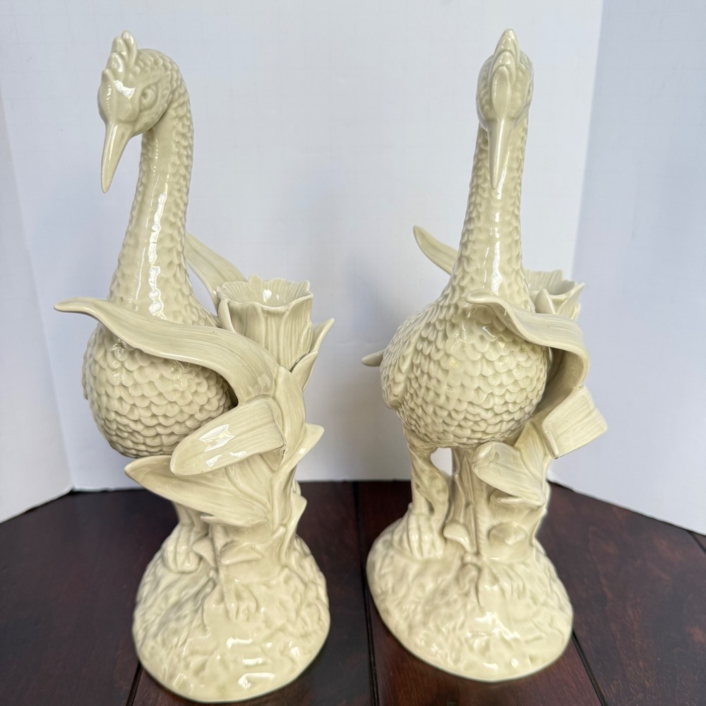 Vintage 1977 Fitz and Floyd Heron Lotus Candlestick Holders Pair Cream Ceramic - Picture 2 of 9